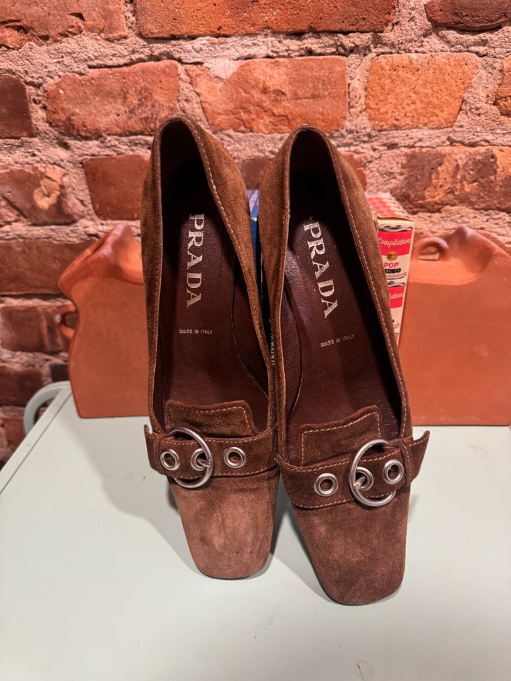 Y2K PRADA VERO CUOIO BUCKLE SUEDE KITTEN HEELS - Picture 2 of 5